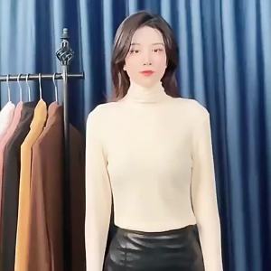 De Rong High Neck Base Shirt Double-Sided Brushed Pile Collar Solid Color Warm Inner Wear Autumn Winter New Womens Long Sleeve t T-shirt