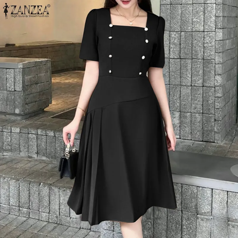 ZANZEA Korean Style Women Office Square Neck Dresses Button Raglan