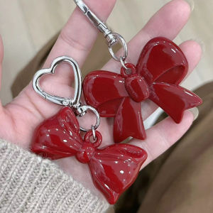 hananre Simple Temperament Red Bowknot Heart Acrylic Keychain Pendant For Women Girls Versatile Backpack Decoration Accessories Gifts