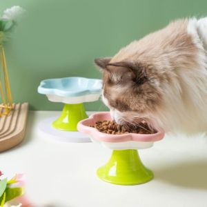 ER52858 Ceramic Cat Bowl With Flower Design With Stand Cats Drinking Feeder Food Dispenser Cute Dog Food Feeding Basin Neck Protection