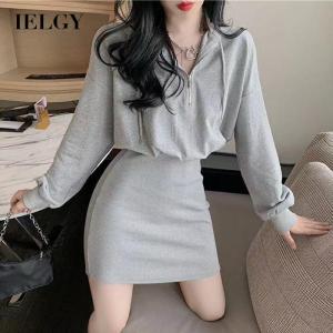 IELGY dress waist bag hip short skirt long sleeve hooded sweater dress women