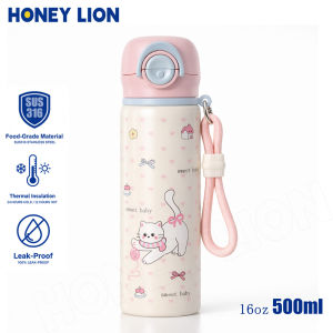 HoneyLion - 500ML Kids Water Bottle Double Drink | Straw & Direct Sip Modes | 100% Leak-proof 316 Stainless Steel Thermal Flask Aesthetic