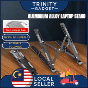 【Trinity】6 Level Adjustable Foldable Black Aluminum Alloy Laptop Stand Holder – 11 to 18 Devices | iPad & Tablets Model | Portable & Cooling Design Stand Bracket Foldable Laptop & Tablets Holder C1