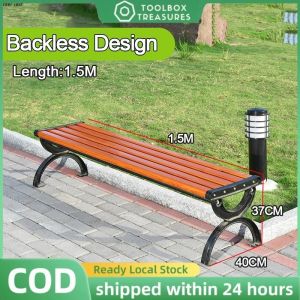 Outdoor Garden Chair Bench Long Park Bench Heavy Duty Weather Resistant Rust Proof Cast Iron Frame Wooden Slats Garden Bench Chair Backyard Patio Deck Porch Balcony Furniture Long Chair For Outside Cafe Corridor