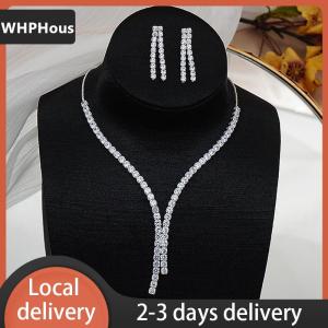 [COD] WHPHous Ship within 24 hours 2Pcs Simple Geometric Zircon Necklace Earrings Kit For Women Wedding Bride Jewelry Set Accessories Gift