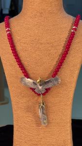 S925 Sterling Silver Takahashi Thai Silver Retro Red Glass Beads Deerskin Rope Necklace Flying Eagle Brass Claw Pendant GON079