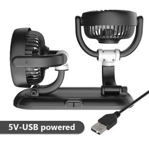SEAMETAL Dual Headed Car Fan 360° Degree Rotation 2 Speeds Adjustable USB Auto Air Cooling Fan