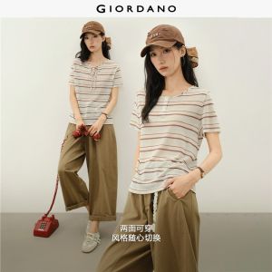 Giordano Women 【Online Exclusive】Reversible striped tie-neck knit short-sleeved T-shirt Free Shipping 18326819