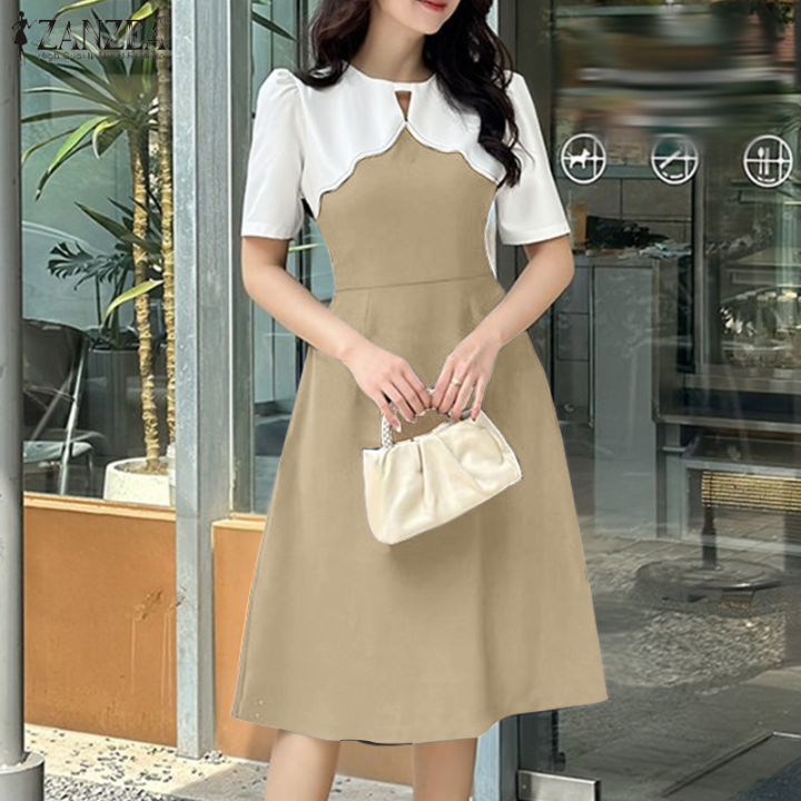 ZANZEA Korean Style Women Girlish Short Sleeve Hollow Out Dresses Knee  Length O Neck Contrast Color Dress #0602