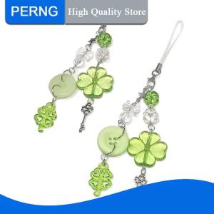 [PERNG] Tehe 1 Piece Bow Beaded Bag Pendant Green Button Lucky Four Leaf Clover Phone Chain Keychain Cute Schoolbag Camera Hangings