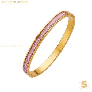 Sis Love Jewel Titanium Steel 18K Gold Plated Oval Pink Zirconia Bangle Half Row Diamond Gelang Tangan Bracelet Women Jewelry H034
