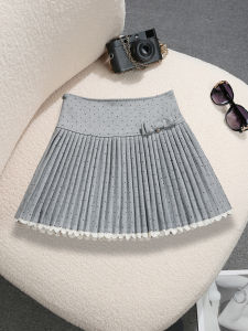 COD college style bow polka dot skirt Korean new high waist anti-light lace splicing woolen pleated skirt 97872026 new product
