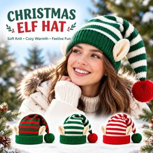 BG9T Striped Christmas Elf Hat with Pom Pom 3D Elf Ear Striped Knit Hat Elastic Stocking Cap Christmas Knit Hat Holiday Gift
