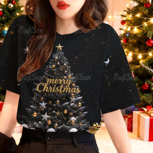 Unique womens short sleeved shirt! Black T-shirt with Christmas pattern printed on it. Suitable for both men and women. Wear during holidays and New Years period.