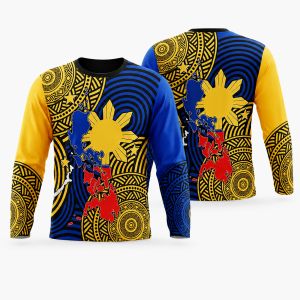 Mens Plus Size Philippine Sun Map Tribal Graphic Long Sleeve Crew Neck Jersey LA037