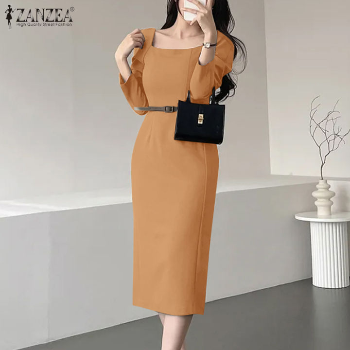 ZANZEA Korean Style Women Business OL Square Neck Solid Bodycon Dress  Elegant Long Sleeve Midi Dresses #0120 | Lazada