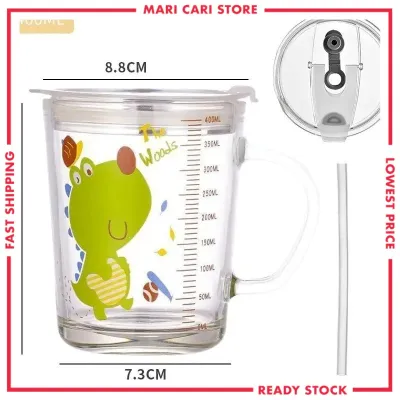 Water Cup Milk Cup With Handle Children Kid Glass Mug With Cover Lid Straw Scale Cartoon Animal Unicorn Glass