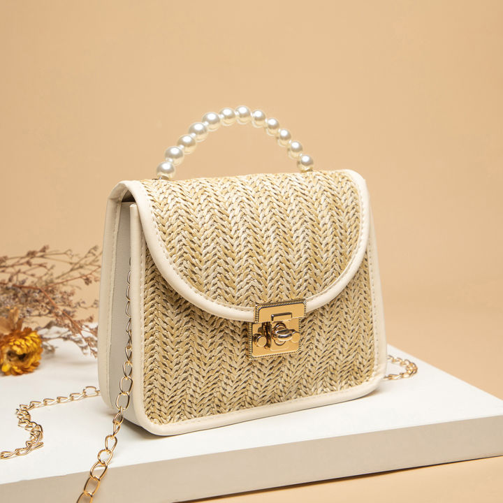 Straw Women's Handbags Small Tote Shoulder Bag Pearl Handle Mini Bag Casual  Satchel Travel Purse Beach Chain Luxury Designer Lazada PH