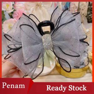 [PAM] Korean Style Mesh Bow Rhinestone Hair Claw Vintage Elegant Hair Clamp Hairpin Shark Clips For Women Fashion Hair Accessories