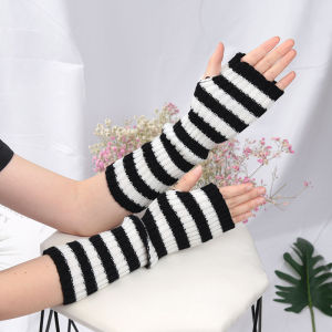 1Pair Knit Fingerless Gloves Women Soft Black White Stripes Warm Knitted Arm Warmers Winter Hand Accessories Stylish Elastic