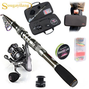 Sougayilang Telescopic Fishing Rod Combos1.8m 2.1m 2.4m Carbon Fiber Fishing Pole with 1000-3000 Series Spinning Reels Fishing Carrier Bag Lure Line Set for Travel