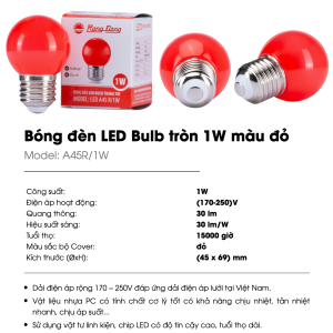 (Rạng Đông) Bóng đèn LED BULB tròn 1W Đủ màu Trắng Đỏ Xanh dương Xanh lá A45