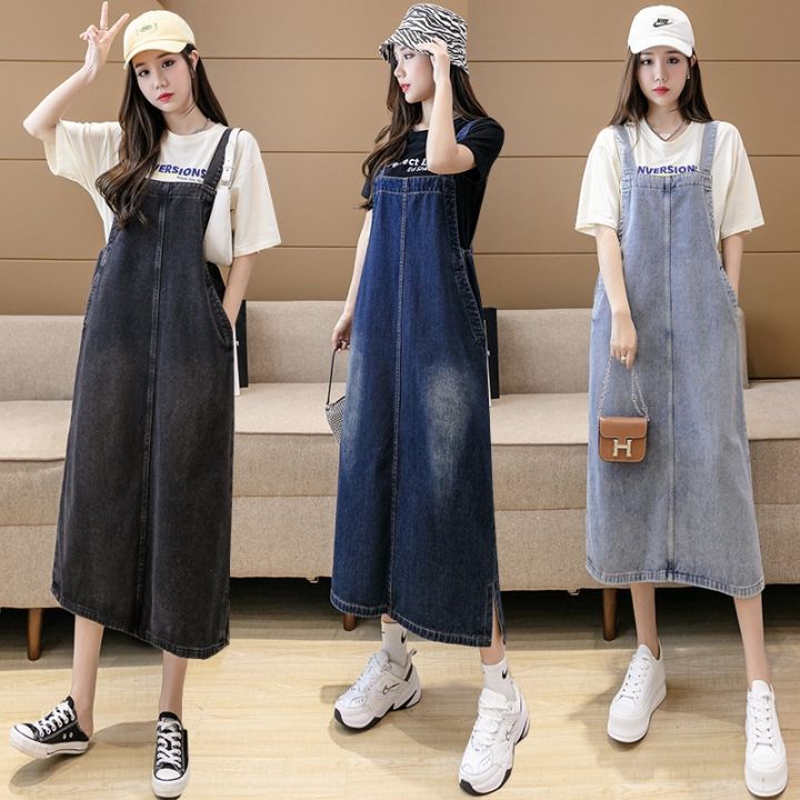 jumper dress Spring and autumn new loose casual plus size denim suspender skirt mid length thin suspender dress female summer Lazada PH