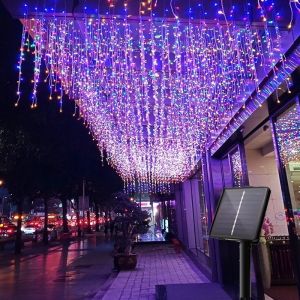 Hari Raya Lights  6.5M/10M Solar Icicle Lights Auto On/Off Outdoor Waterproof Led Fairy Lights Curtain Lights For Ramadan Hari Raya Decoration Ramadan Lights