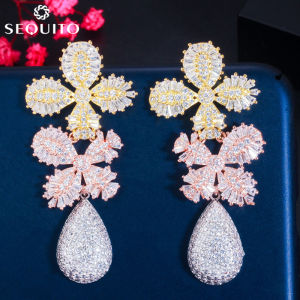 SEQUITO Gorgeous Pear Cutคริสตัลหยดน้ำต่างหูPave Cubic Zirconiaการตั้งค่าผู้หญิงยาวแขวนเครื่องประดับพรหมอุปกรณ์งานปาร์ตี้CSE302