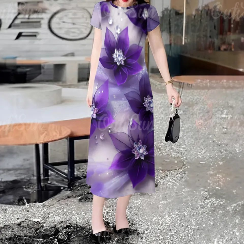 fitted lace wedding dress Maxi Dresses For Summer Womens Women Purple Casual V neck Solid A-line  Short Sleeve Dress at Amazon Women's Clothing store main image 1
