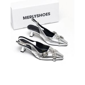 Giày Slingback Mũi Vuông Gót 5cm Merly 1664 Bigsize 35-43 Thiết Kế Phối Khóa Mũi Giúp Thọn Mũi Chân Giày Cao Gót Màu Bạ
