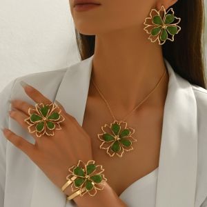 BMFUEW 5 pcs/set Alloy Flower Jewelry Set Drip Oil Hollowed-Out Design Earrings Necklace Bracelet Ring French Style Lightweight Statement Costume Jewelry Women