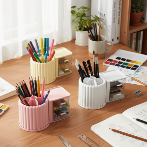 XANTHE 360° Rotating Makeup Brush Holder 2 Drawers Large Capacity Desk Organizer Simple Simple Design Storage Box Countertop Display