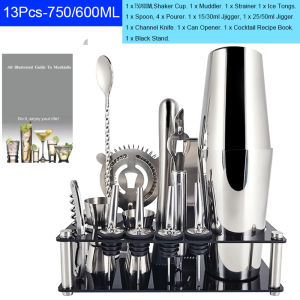 AREYOUCAN Stainless Steel 13 Pcs750/600ML Boston Cocktail Shaker Set Bar Tool Kit with Rack Stand and Cocktails Recipe book