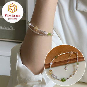 Viviann Original 925 Sterling Silver Pearl Green Crystal Bracelet Simple and Creative Design Handmade Bracelets For Women Girl Simple Korean Jewelry Birthday Gift 925 Sterling Silver Pearls Bracelet