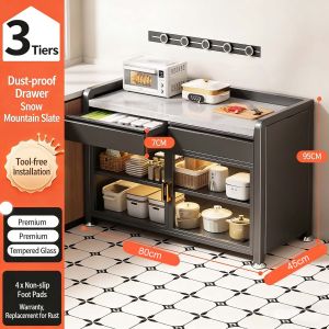 BMZAR Marble patterned countertop Kitchen Storage Rack Floor Standing Multi Functional Microwave Oven Rack Multi Layer Bowl Cabinet With drawers