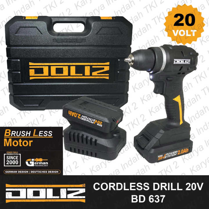 BRUSHLESS Cordless Drill 20V DOLIZ BD637 Mesin Bor Baterai 10 mm Koper 20  Volt Variable Speed BD 637 Lazada Indonesia