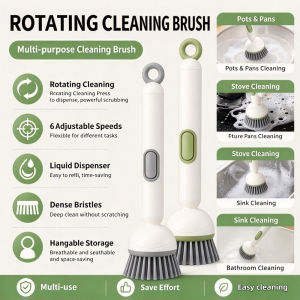 2pcs Rotating Pan Brush Liquid Dispenser Adjustable Kitchen Cleaning Tool Long Handle Hard Bristle Multi Purpose Scrubber