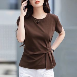 Womens Summer New Cotton Irregular Top Short Sleeved Round Neck Casual Womens Short Sleeved Top T-Shirt2026