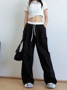 Womens Contrast Pants Color Block Elastic Waist Quick Dry Wide Leg Sport Casual Trousers