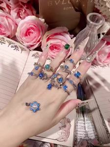 Nhẫn zircon màu xanh biển hình giọt nước với tua rua ren siêu tiên nữ phong cách Pháp mới Nhẫn đa năng tinh tế hàng ngày