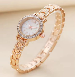 DRJ224 Jam Tangan Wanita Gaya Korea Model Bulat Gelang Crystal Stainless Rose Gold