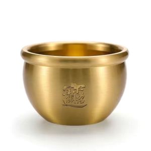 已开光 招财黄铜招财进宝缸冰箱百福聚财米缸聚宝盆客厅家居摆件小铜盆存钱罐礼物 New Brass VAT Golden Rice VAT Hundred Blessings VAT Treasure Basin Small Desktop Ornament Ashtray Study Decoration Gift