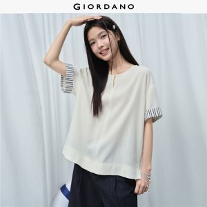 Giordano Women Striped cuff short sleeve round neck blouse Free Shipping 18346613