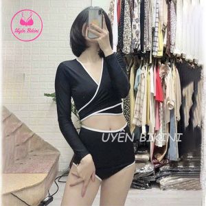 Bikini đi biển hai mảnh đen viền trắng dây buộc nơ mặc được nhiều kiểu phối quần cạp cao che khuyết điểm