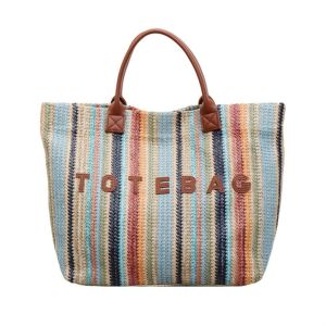 Portable Woven Straw Tote Bag Large Capacity Letter Rainbow Tote Bag Shoulder Bag Beach Bag Armpit Bags Girl2026