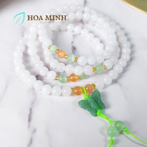 Vòng chuỗi 108 viên đá Mã Não trắng size 6 li phối viên đá mắt mèo charm bướm hồ điệp mã não thanh khiết bình an | Hoa Minh Gem