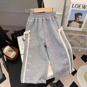 TUmama กางเกงขายาวลำลองเด็กผู้หญิงสุดชิคพร้อมโบว์ปักสำหรับฤดูใบไม้ผลิและฤดูใบไม้ร่วง