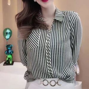 Formal Blouse For Women Plus Size  Polo Collar Lantern Sleeve Stiped Loose Shirt L4089