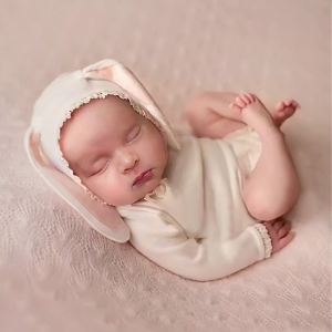 Newborn Rabbit Theme Photography Outfit Rabbit Ear Hat with Romper set Baby Long Ear Hat & Romper set for 0-1 Month Old